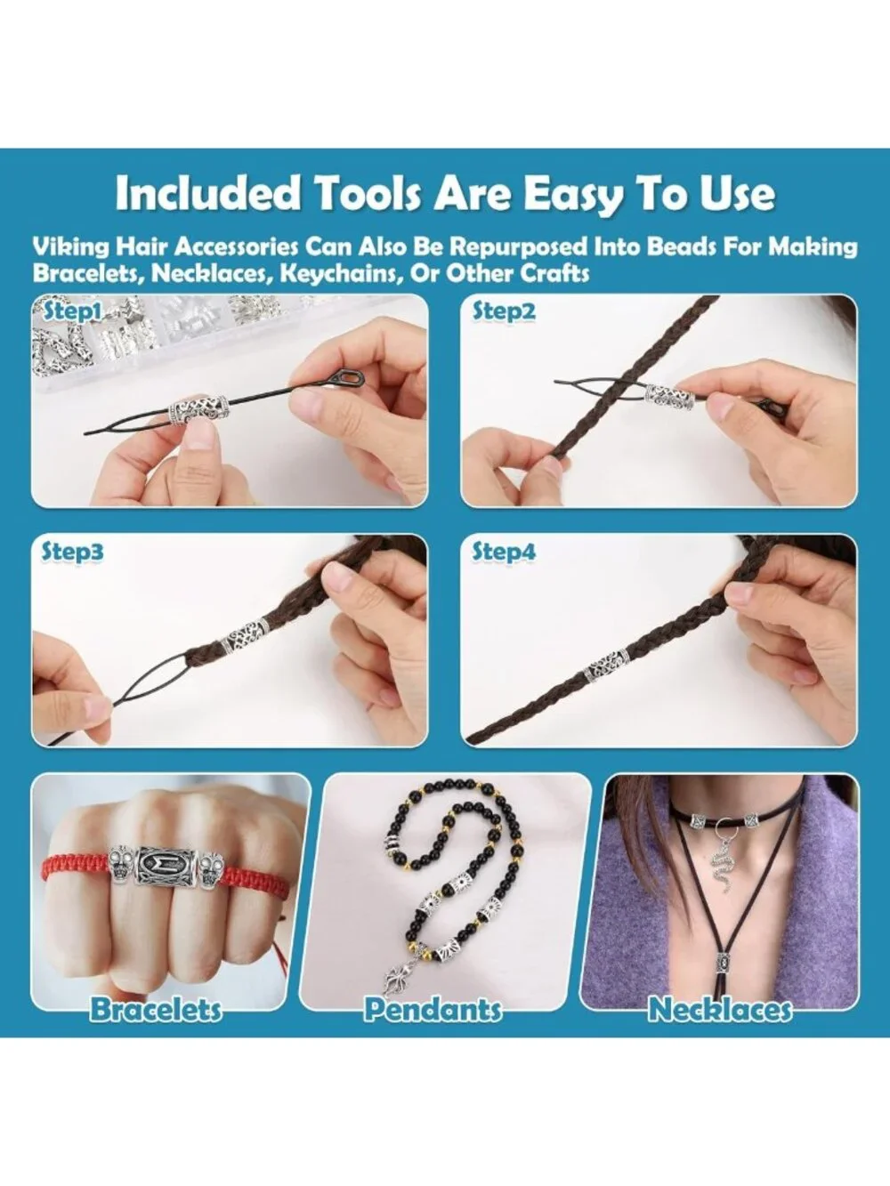 Viking Hair Accessories Set - 247 Pcs Norse Runes Beads, Metal Cuffs & Dreadlock